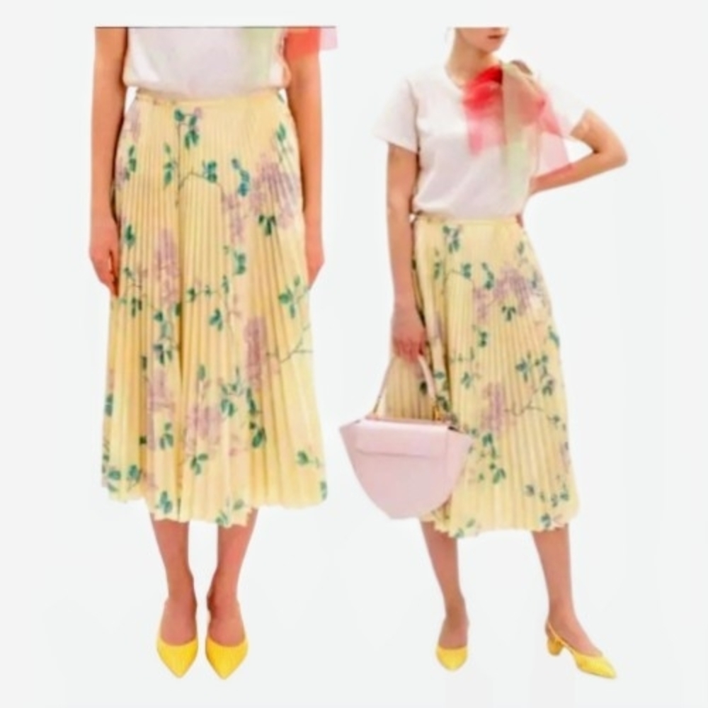 RED Valentino Pleated Floral Midi Skirt Pastel Yellow Italy Size 42, MSRP $975 - Picture 3 of 16